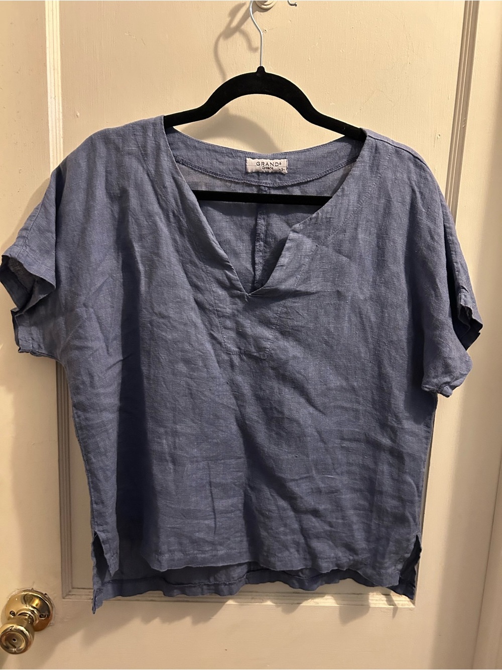 Grand Greece Blue 100% linen popover blouse light blue size small
